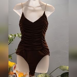 Just Polly New York brown bodysuit with gold chain spaghetti straps